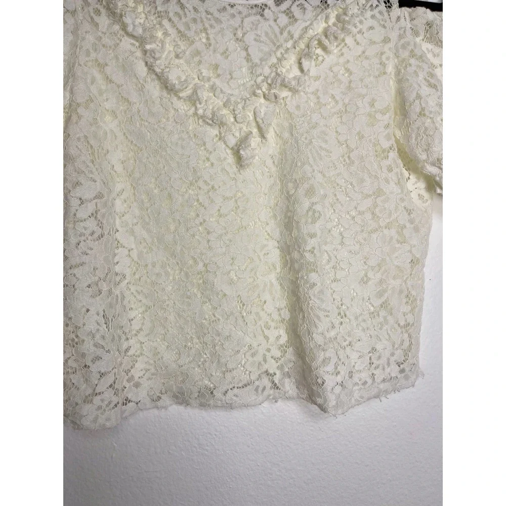 Zara Woman Basic Cream Floral Lace Cold Shoulder Puff Sleeve Ruffle Top Medium
